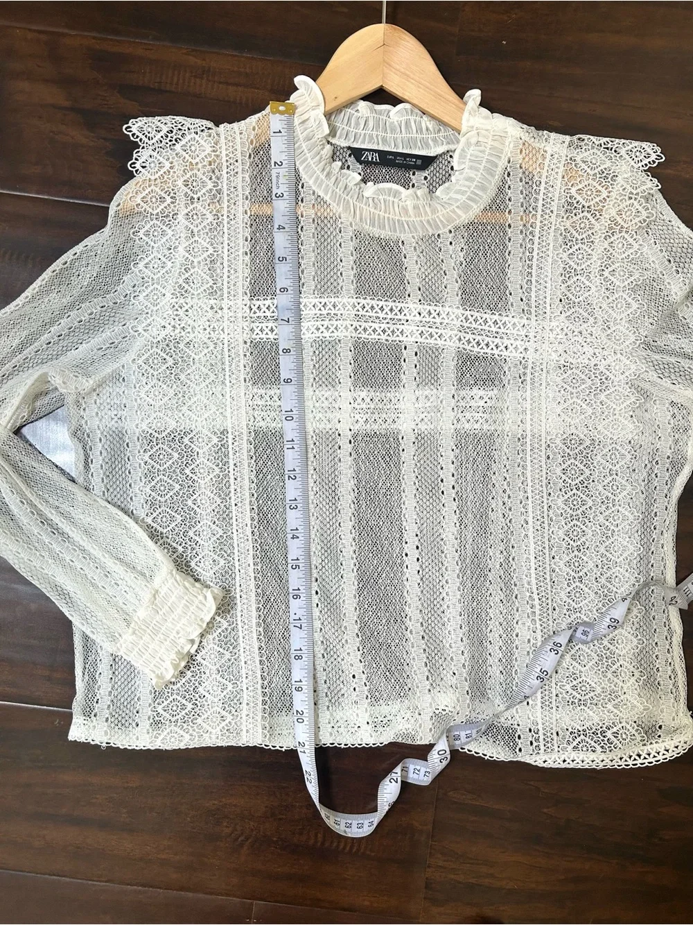 Zara Cream Sheer Lace Ruffle Neck Blouse